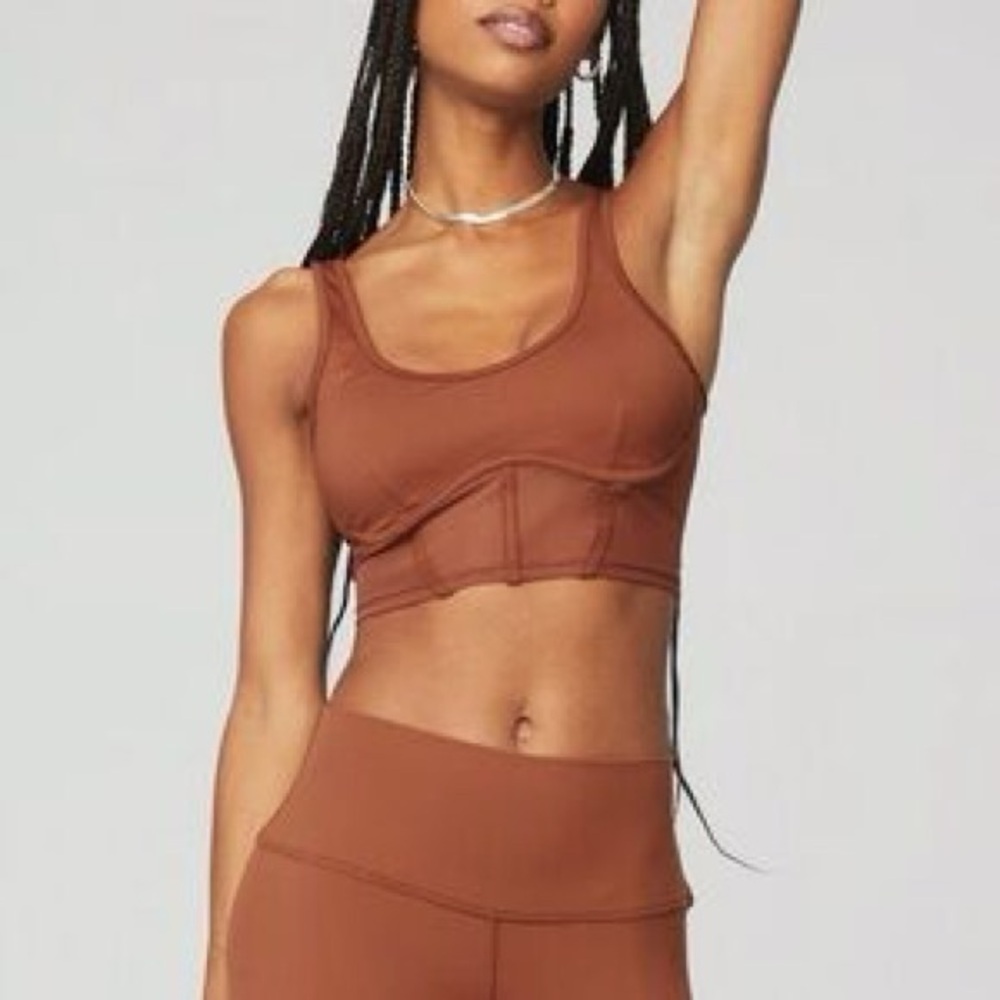 ALO Airbrush Mesh Corset Tank Crop Top Sports Bra Brown/Orange XS